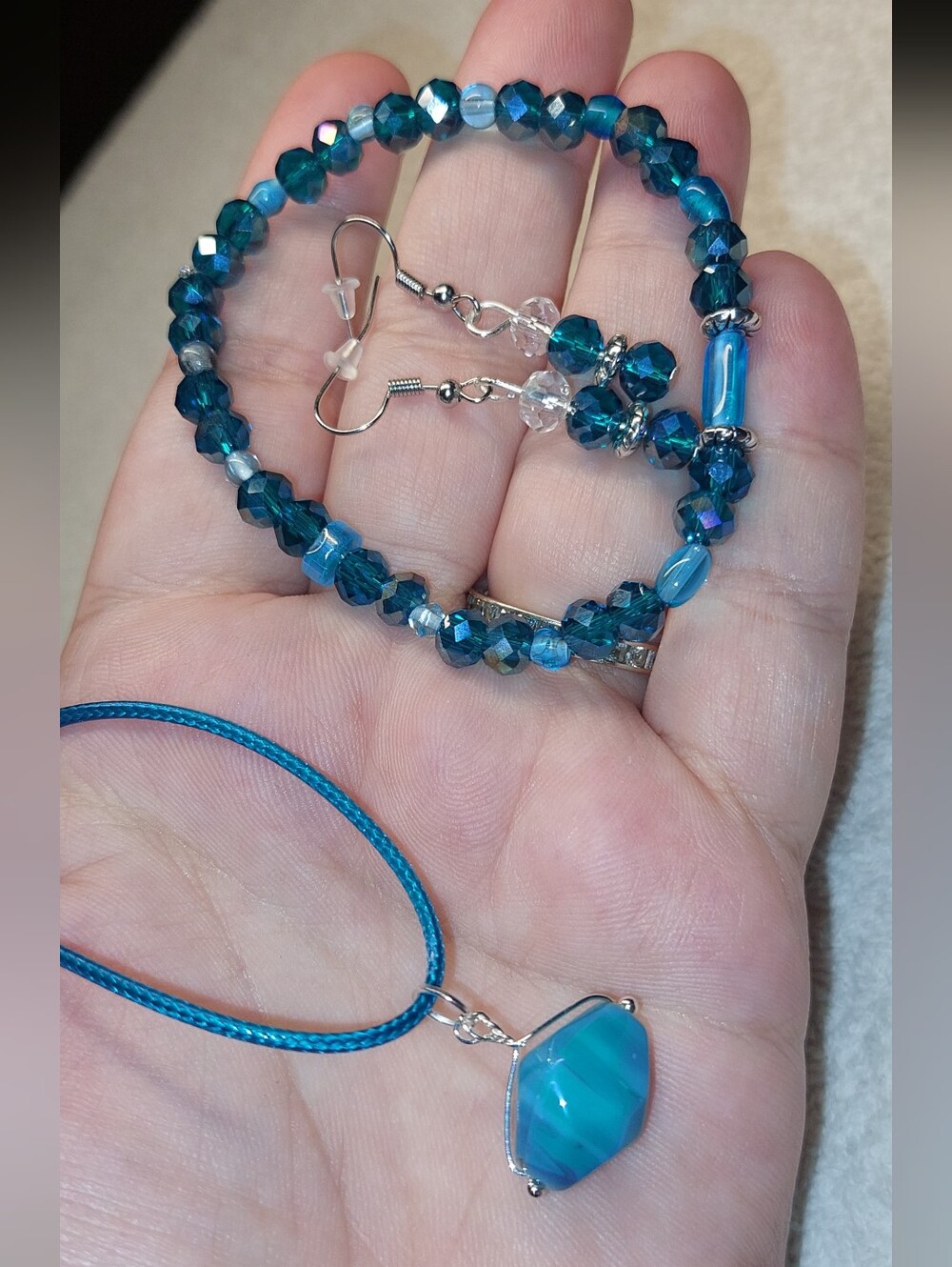 Women's Teal Crystal Bracelet & Earrings & Pendant Set